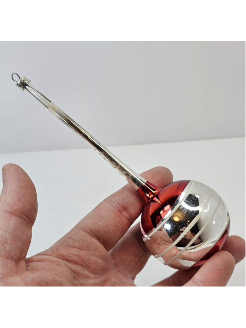 Rare Vintage Poland Glass Christmas Ornament Long Stem Red Silver 6" Bauble Ball